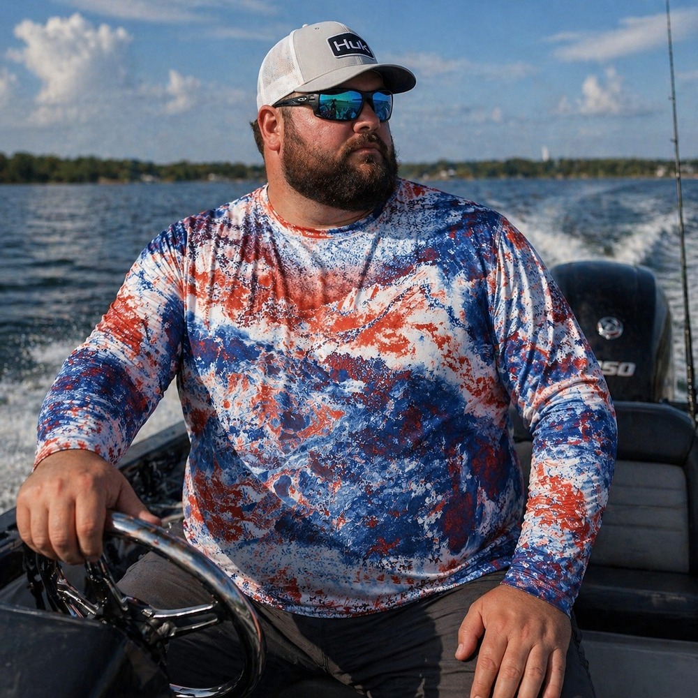 Magellan Outdoors Fishing Shirt Mens 3XL Red White Blue Performance Marble Print
